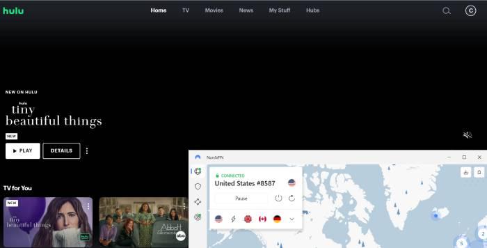 The Hulu homepage along with a NordVPN server connection in another window.