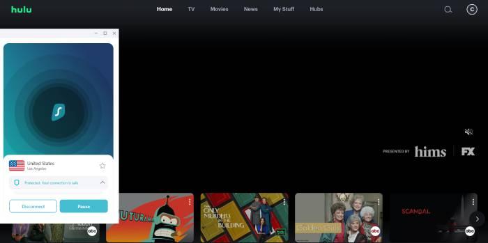 The Hulu homepage along with a Surfshark server connection in another window.