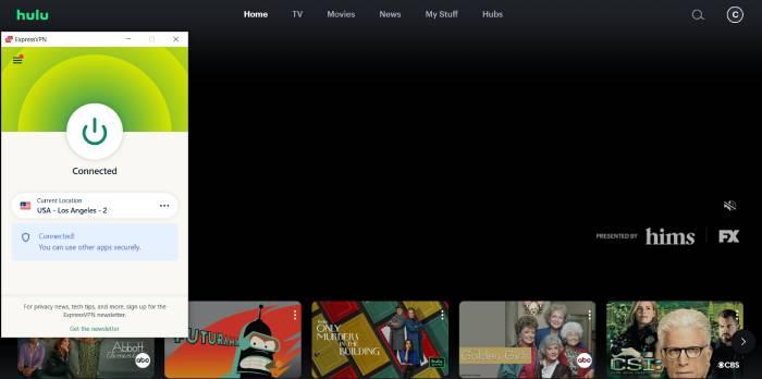 The Hulu homepage along with a ExpressVPN server connection in another window.