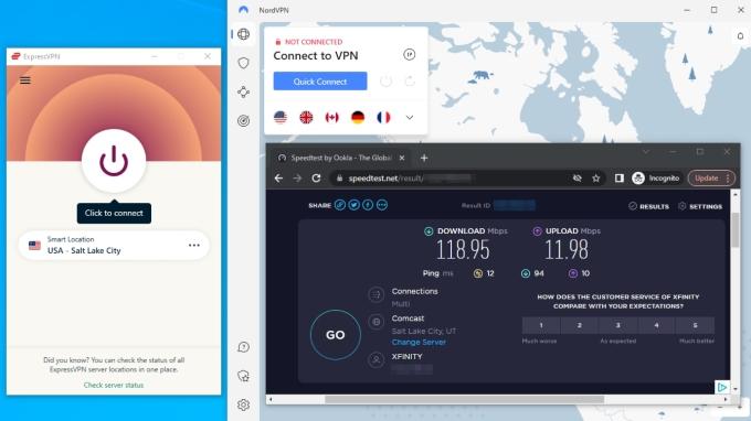 Before we tested each VPN's effect on internet speeds, we ran a baseline speed test where our download speed hit 119 Mbps and our upload speed hit 12 Mbps. We also had a latency of 12 ms.