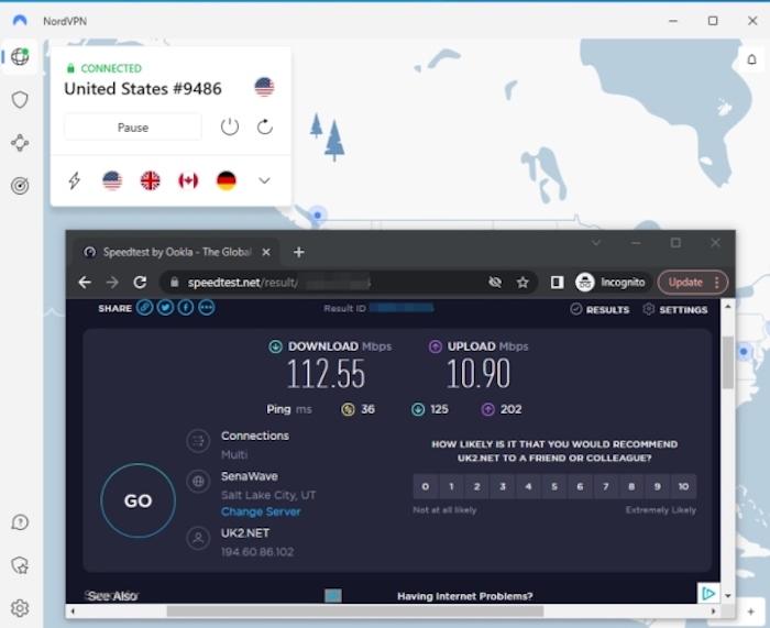 While connected to a nearby server (Salt Lake City) with NordVPN, our download speed was 113 Mbps, our upload speed was 11 Mbps, and our latency was 36 ms.
