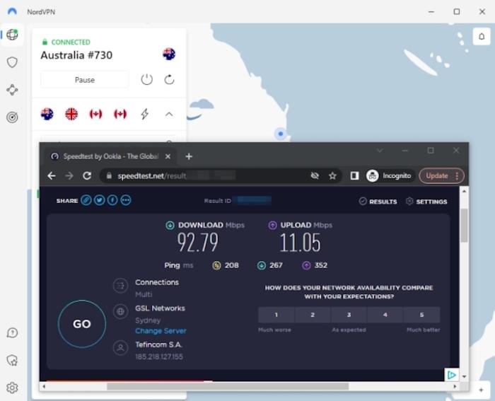 NordVPN's latency wasn't much worse than ExpressVPN's — it hit 208 ms when we connected to a Sydney, Australia server.