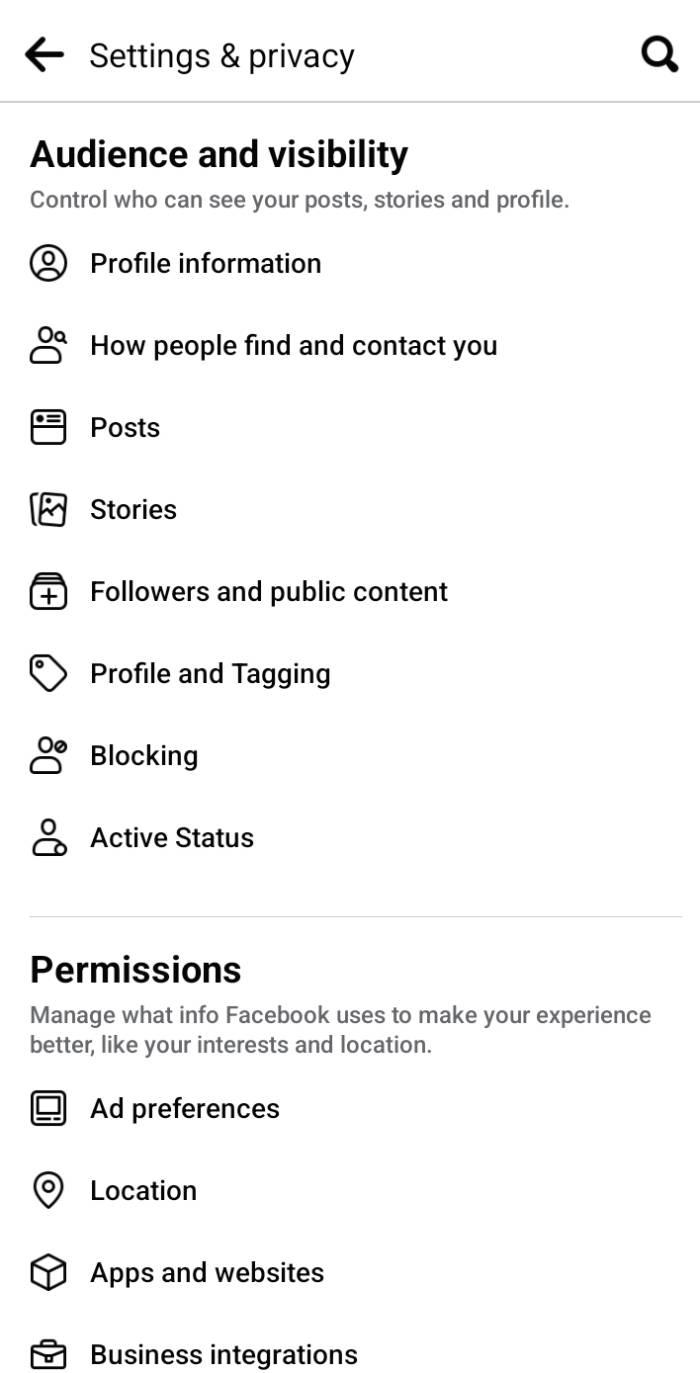 The Settings & privacy page on the Facebook app.