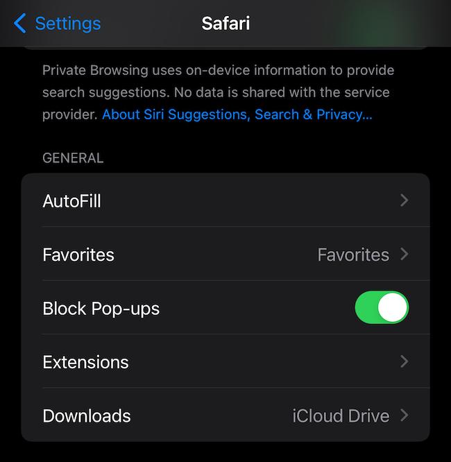 Screenshot of Safari private browsing settings.
