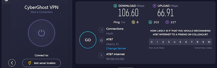 We first tested our internet speeds without CyberGhost connected and saw download speeds of 106.6 Mbps, upload speeds of 66.9 Mbps, and latency of 8 ms.