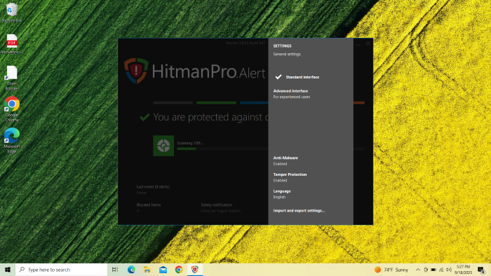 The HitmanPro.Alert dashboard with the settings bar open.
