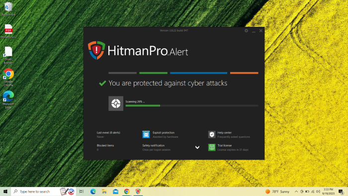 The HitmanPro.Alert dashboard in the process of completing a malware and antivirus scan.