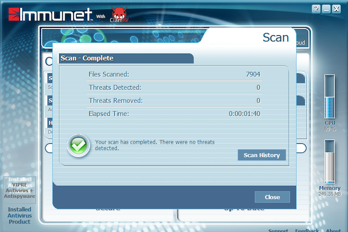 Immunet scanned almost 8,000 files in 1 minute 40 seconds, which is quicker than some paid antivirus programs.