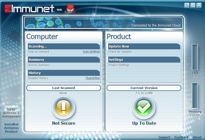 Immunet's dashboard is dated but simple. We didn't have much trouble finding settings and tools.
