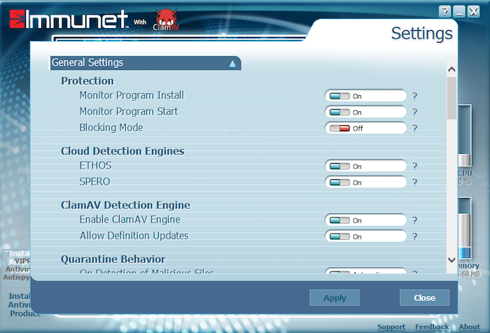 Immunet's settings allow you to customize what happens if it detects malware.