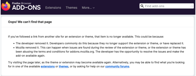 The Firefox add-ons page noting that the extension or theme is no longer available.