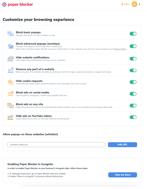 Settings for Poper Blocker with toggles for blocking popups, advanced popups (overlays), ads on social media, ads on any side, whitelisting, and hiding ads.