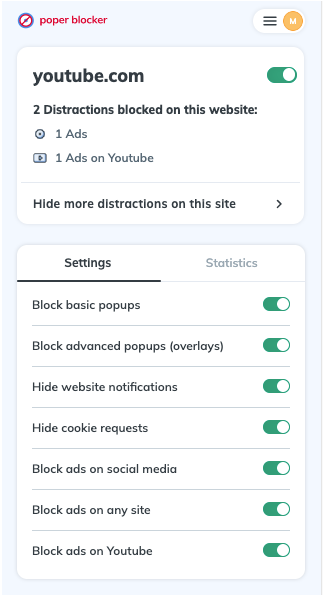 Poper Blocker’s dashboard, noting that the Pro version blocked two distractions on YouTube.com