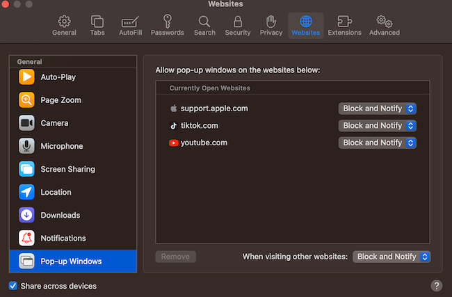 Screenshot of pop-up windows settings.