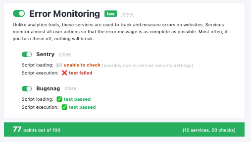 Proton VPN Netshield's AdBlock Tester results showing that it failed to block sentry error monitoring.