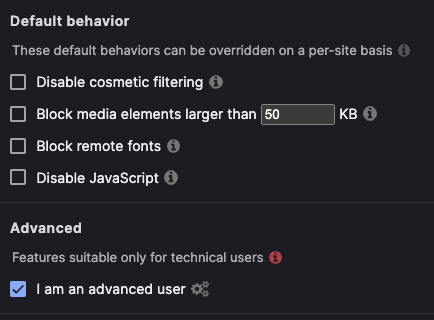 uBlock Origin's default behavior customization options.