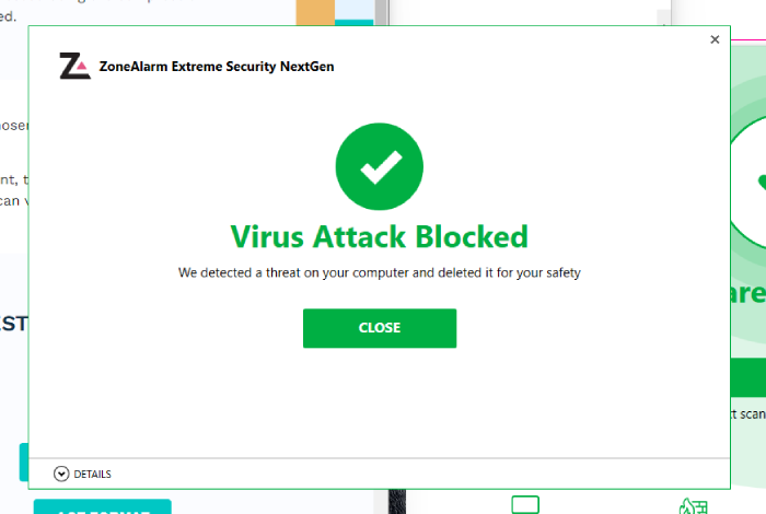 A pop-up from ZoneAlarm indicating that a virus attack was blocked and deleted from a device.