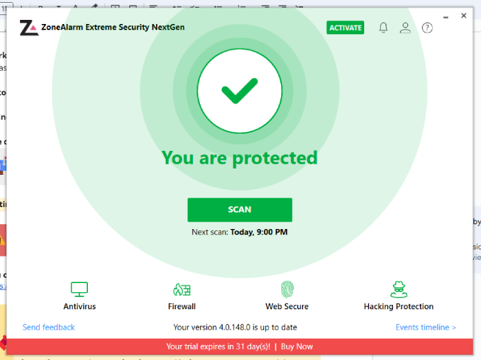 The ZoneAlarm dashboard on a page demonstrating that your device is protected.