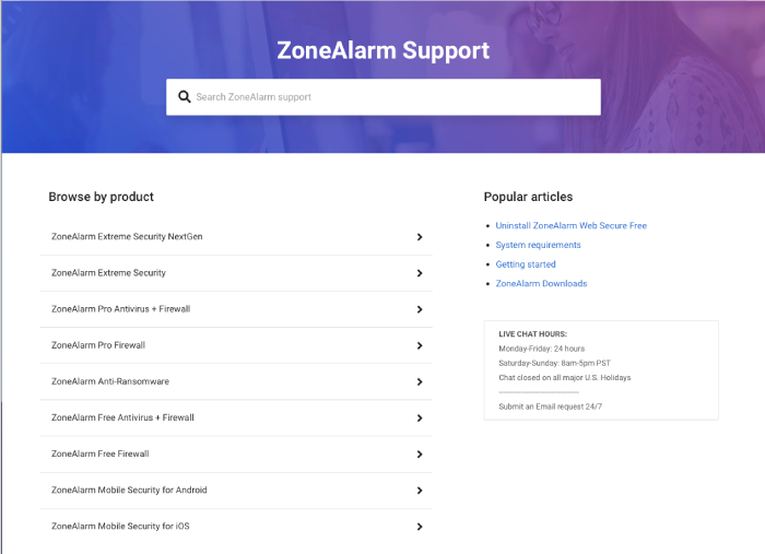 The main page for ZoneAlarm Support.
